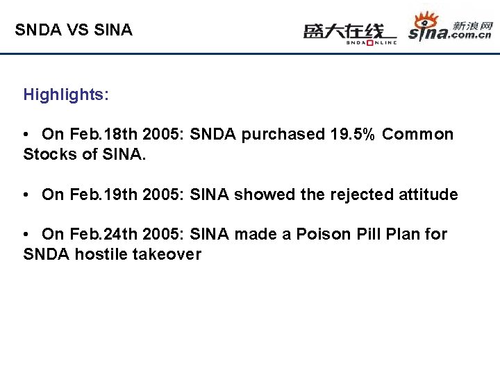 SNDA VS SINA Highlights: • On Feb. 18 th 2005: SNDA purchased 19. 5%