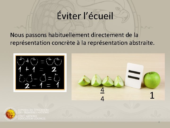 Éviter l’écueil Nous passons habituellement directement de la représentation concrète à la représentation abstraite.