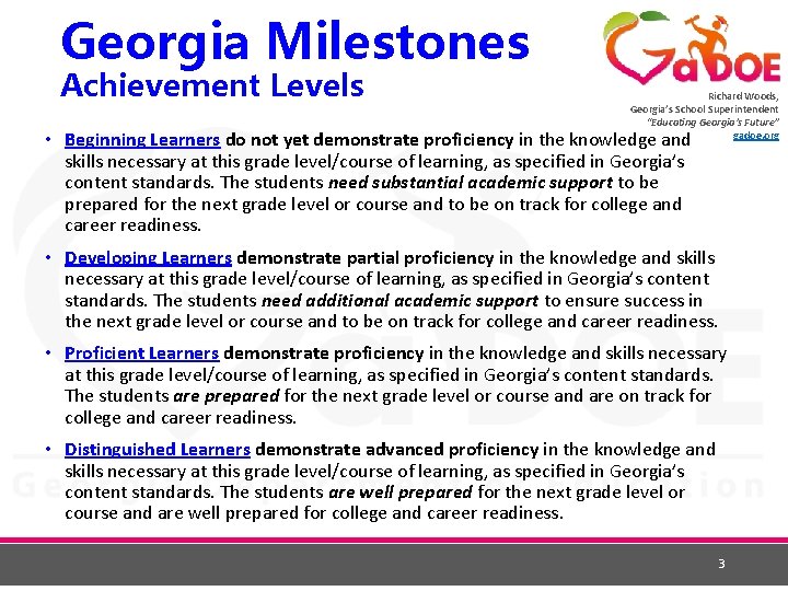 Georgia Milestones Achievement Levels Richard Woods, Georgia’s School Superintendent “Educating Georgia’s Future” gadoe. org