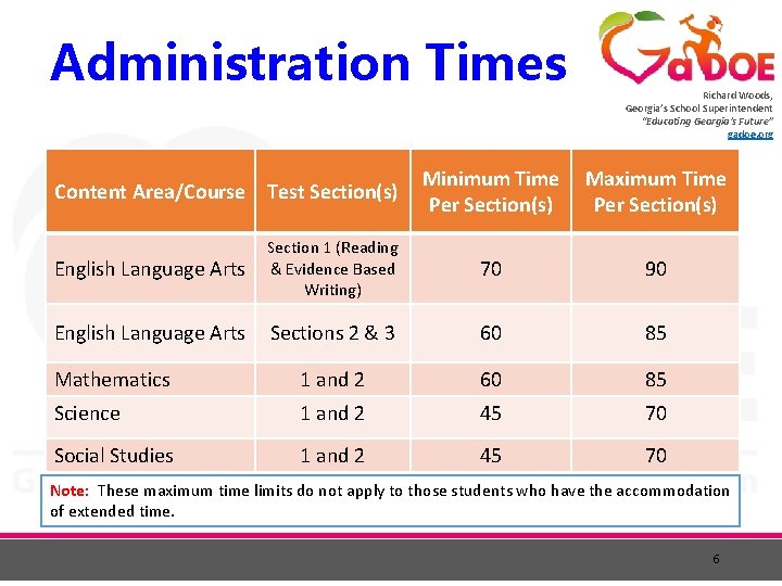 Administration Times Richard Woods, Georgia’s School Superintendent “Educating Georgia’s Future” gadoe. org Minimum Time