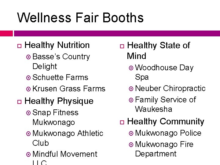 Wellness Fair Booths Healthy Nutrition Basse’s Country Delight Schuette Farms Krusen Grass Farms Woodhouse