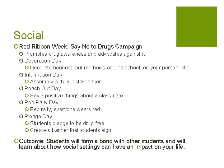 Social ¡ Red Ribbon Week: Say No to Drugs Campaign ¡ Promotes drug awareness Social ¡ Red Ribbon Week: Say No to Drugs Campaign ¡ Promotes drug awareness