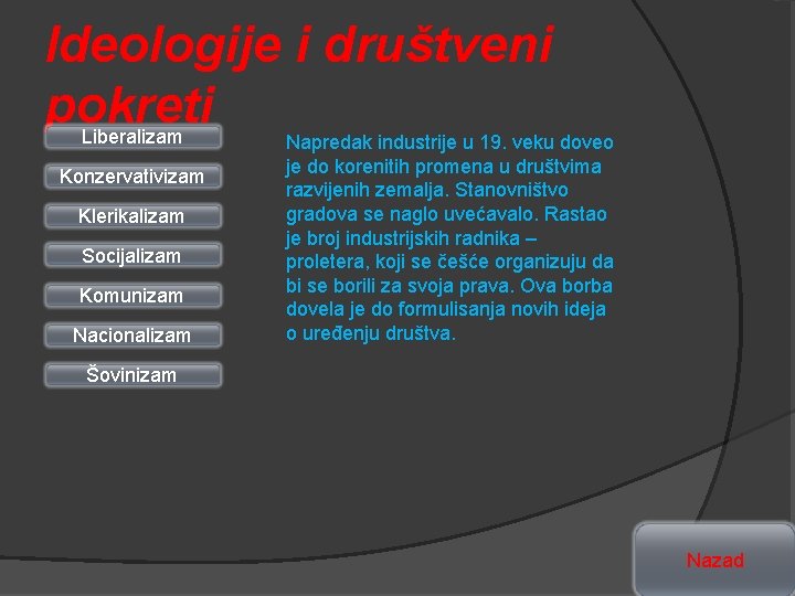 Ideologije i društveni pokreti Liberalizam Konzervativizam Klerikalizam Socijalizam Komunizam Nacionalizam Napredak industrije u 19.