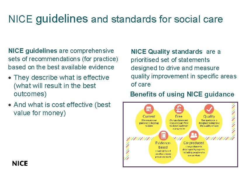 NICE guidelines and standards for social care NICE guidelines are comprehensive sets of recommendations NICE guidelines and standards for social care NICE guidelines are comprehensive sets of recommendations