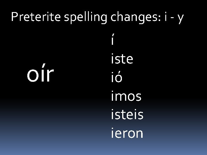 Preterite spelling changes: i - y oír í iste ió imos isteis ieron 