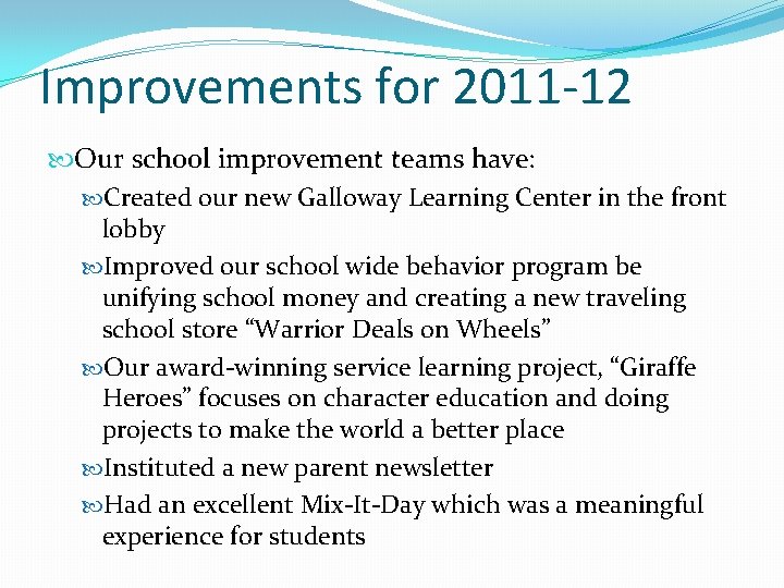 Improvements for 2011 -12 Our school improvement teams have: Created our new Galloway Learning