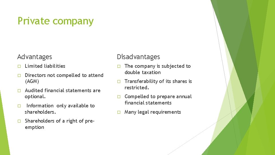 Private company Advantages Disadvantages � Limited liabilities � � Directors not compelled to attend