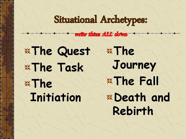 Situational Archetypes: write them ALL down The Quest The Task The Initiation The Journey