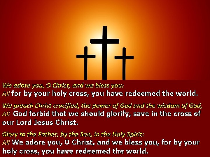 We adore you, O Christ, and we bless you: All for by your holy
