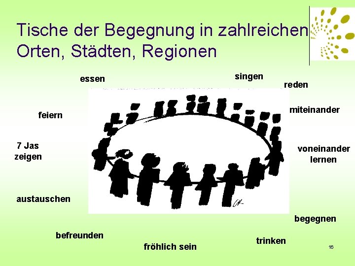 Tische der Begegnung in zahlreichen Orten, Städten, Regionen singen essen reden miteinander feiern 7