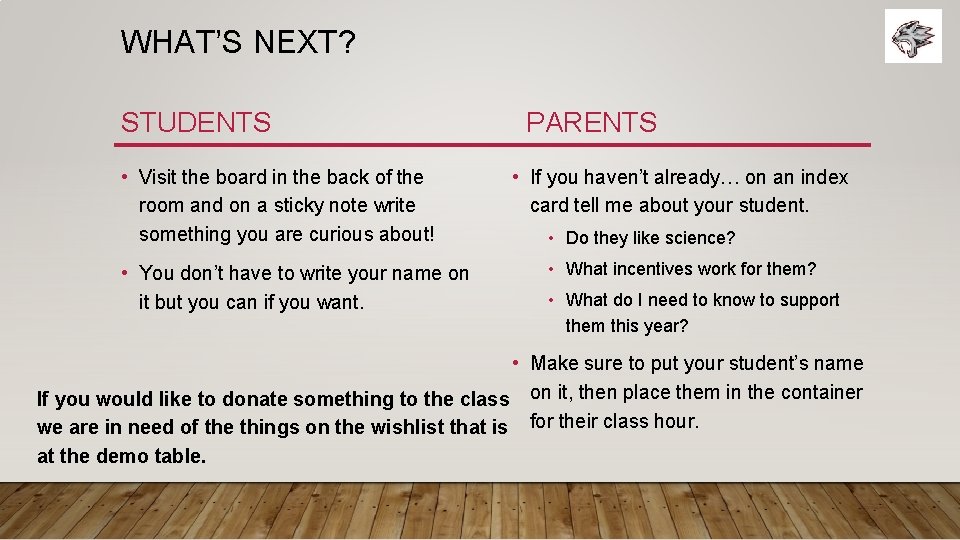 WHAT’S NEXT? STUDENTS • Visit the board in the back of the room and