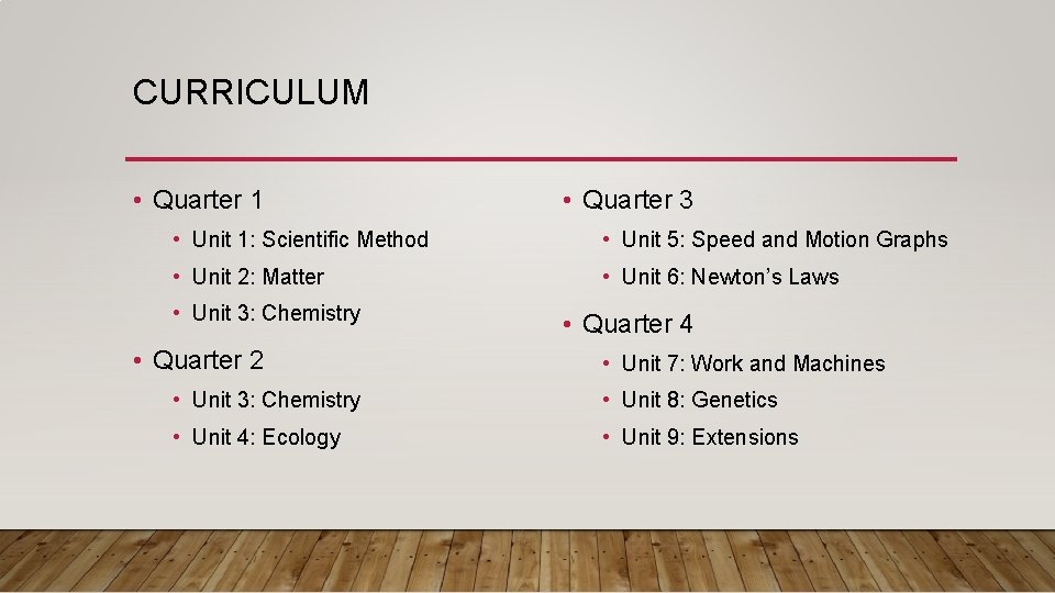CURRICULUM • Quarter 1 • Quarter 3 • Unit 1: Scientific Method • Unit