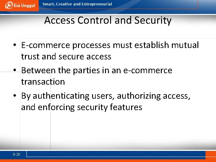 Access Control and Security • E-commerce processes must establish mutual trust and secure access