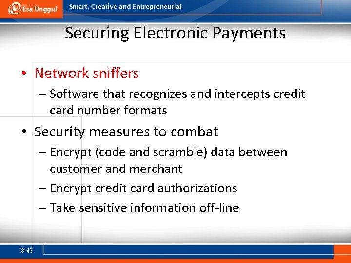 Securing Electronic Payments • Network sniffers – Software that recognizes and intercepts credit card