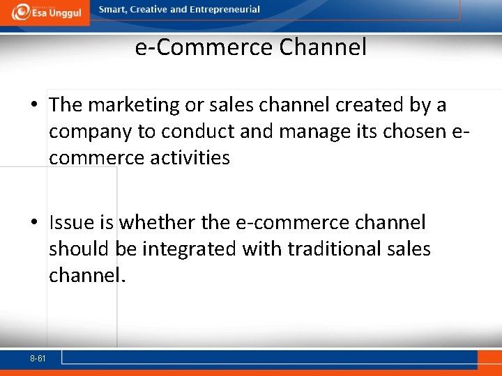 e-Commerce Channel • The marketing or sales channel created by a company to conduct