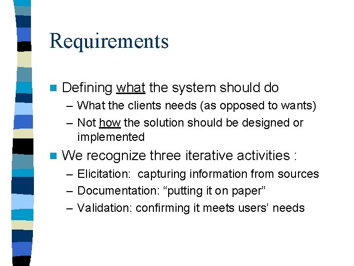 Requirements n Defining what the system should do – What the clients needs (as