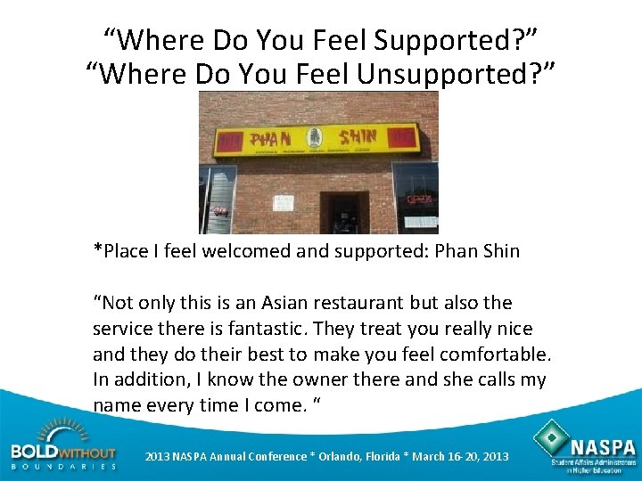 “Where Do You Feel Supported? ” “Where Do You Feel Unsupported? ” *Place I