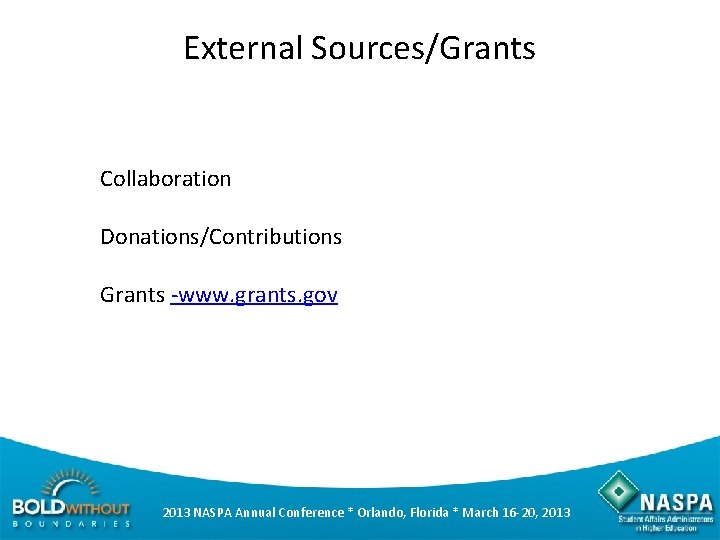 External Sources/Grants Collaboration Donations/Contributions Grants -www. grants. gov 2013 NASPA Annual Conference * Orlando,