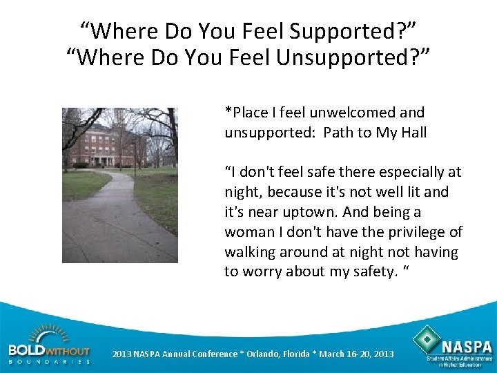 “Where Do You Feel Supported? ” “Where Do You Feel Unsupported? ” *Place I