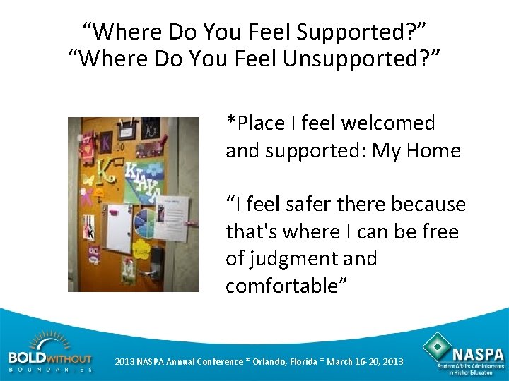 “Where Do You Feel Supported? ” “Where Do You Feel Unsupported? ” *Place I