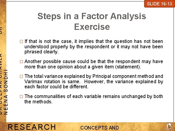 SLIDE 7 -1 SLIDE 16 -13 DR Steps in a Factor Analysis Exercise DR