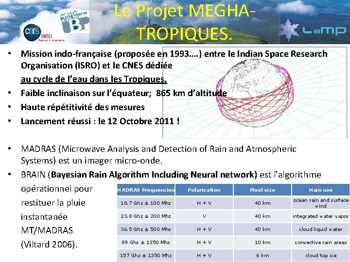 Le Projet MEGHATROPIQUES. • Mission indo-française (proposée en 1993…. ) entre le Indian Space