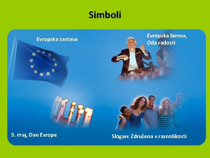 Simboli Evropska zastava 9. maj, Dan Evrope Evropska himna, Oda radosti Slogan: Združena v