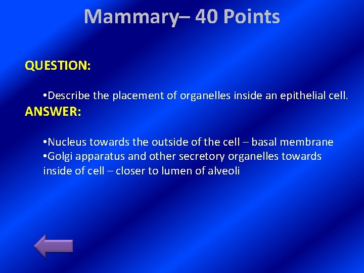 Mammary– 40 Points QUESTION: • Describe the placement of organelles inside an epithelial cell.
