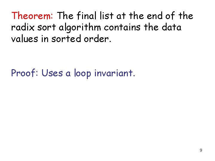 Theorem: The final list at the end of the radix sort algorithm contains the