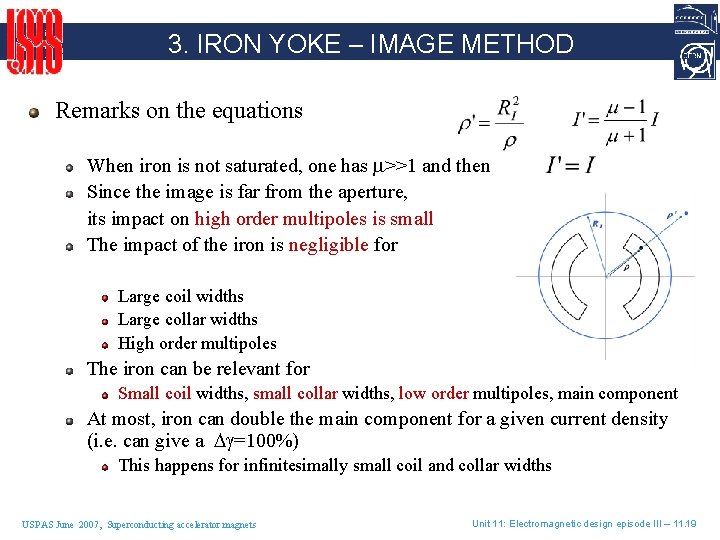 3. IRON YOKE – IMAGE METHOD Remarks on the equations When iron is not