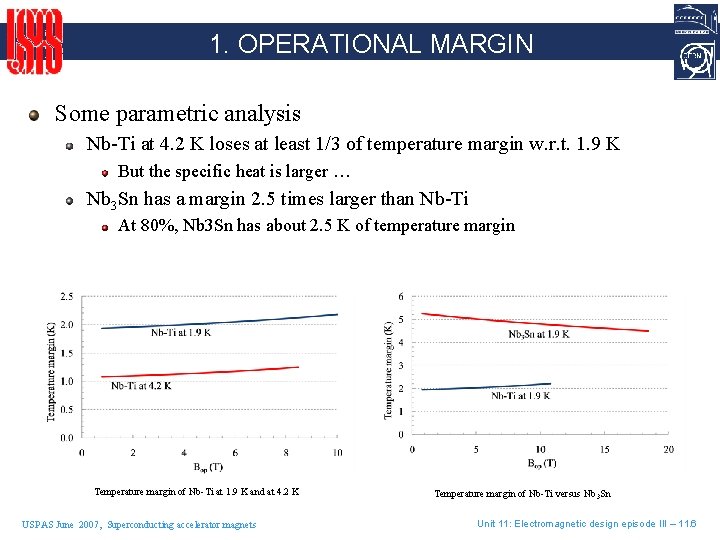 1. OPERATIONAL MARGIN Some parametric analysis Nb-Ti at 4. 2 K loses at least