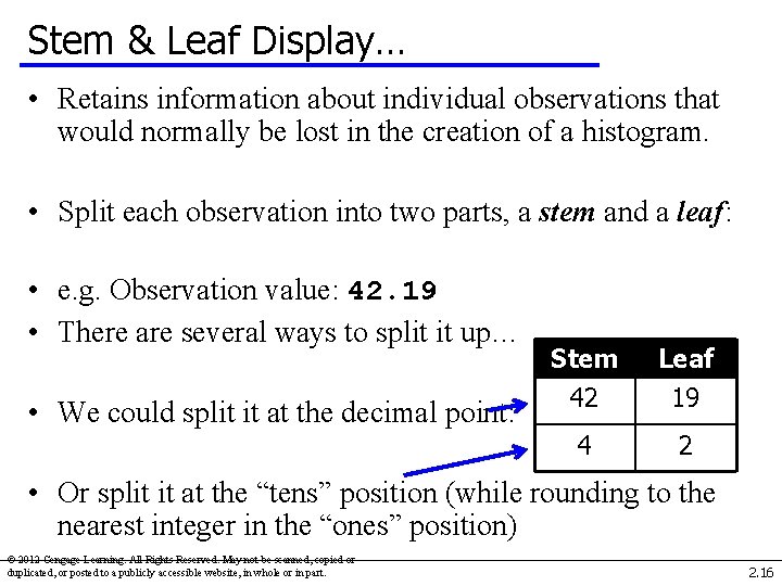 Stem & Leaf Display… • Retains information about individual observations that would normally be