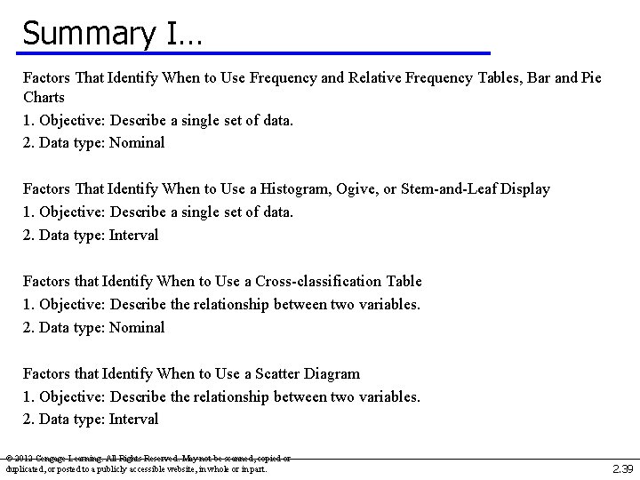 Summary I… Factors That Identify When to Use Frequency and Relative Frequency Tables, Bar