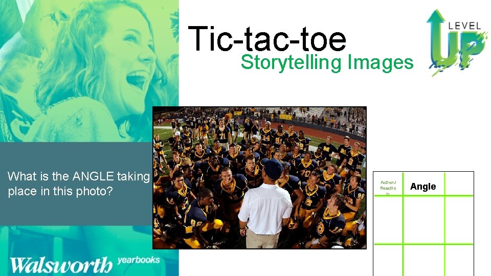 Tic-tac-toe Storytelling Images What is the ANGLE taking place in this photo? Action/ Reactio
