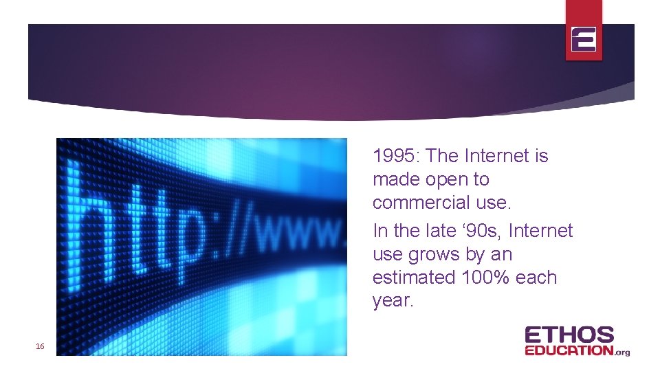 1995: The Internet is made open to commercial use. In the late ‘ 90