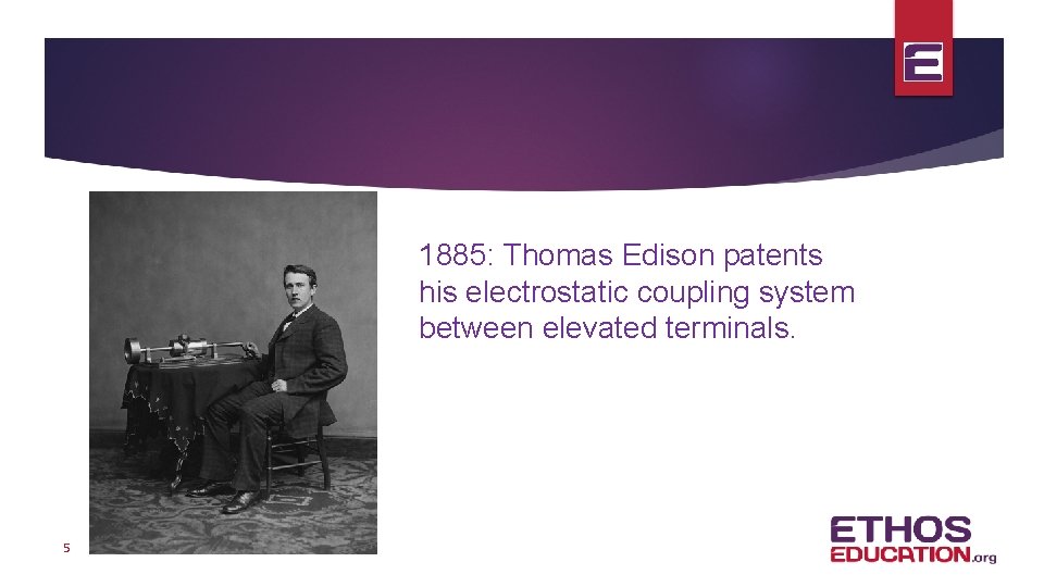 1885: Thomas Edison patents his electrostatic coupling system between elevated terminals. 5 