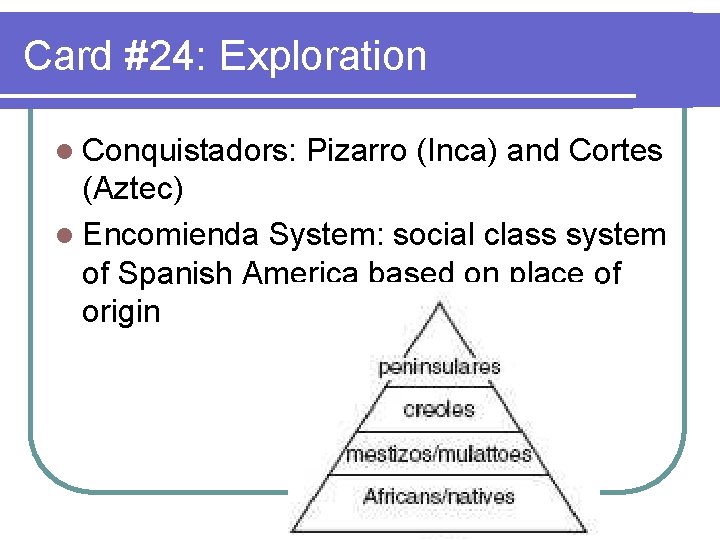 Card #24: Exploration l Conquistadors: Pizarro (Inca) and Cortes (Aztec) l Encomienda System: social