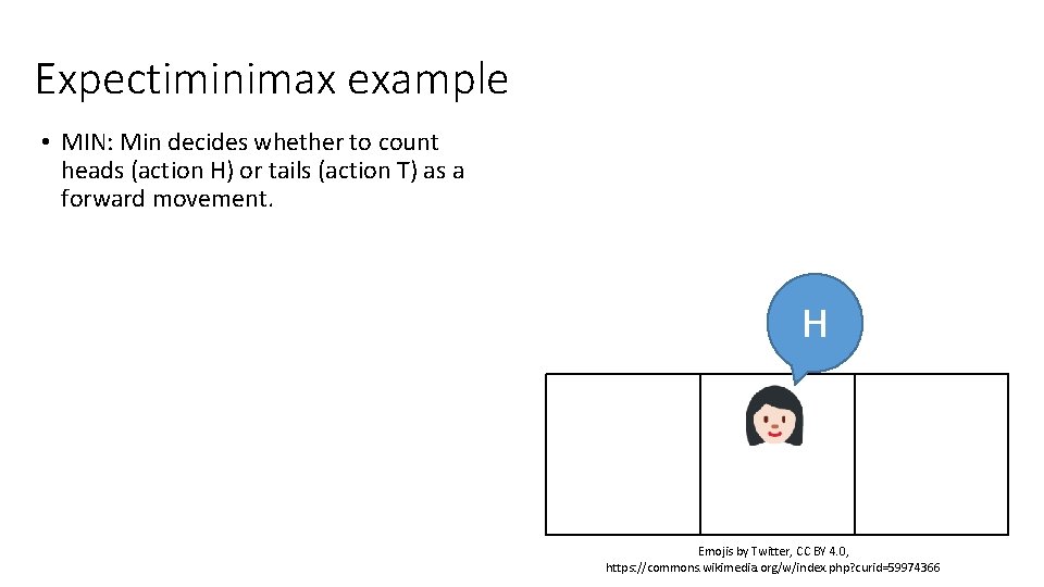 Expectiminimax example • MIN: Min decides whether to count heads (action H) or tails