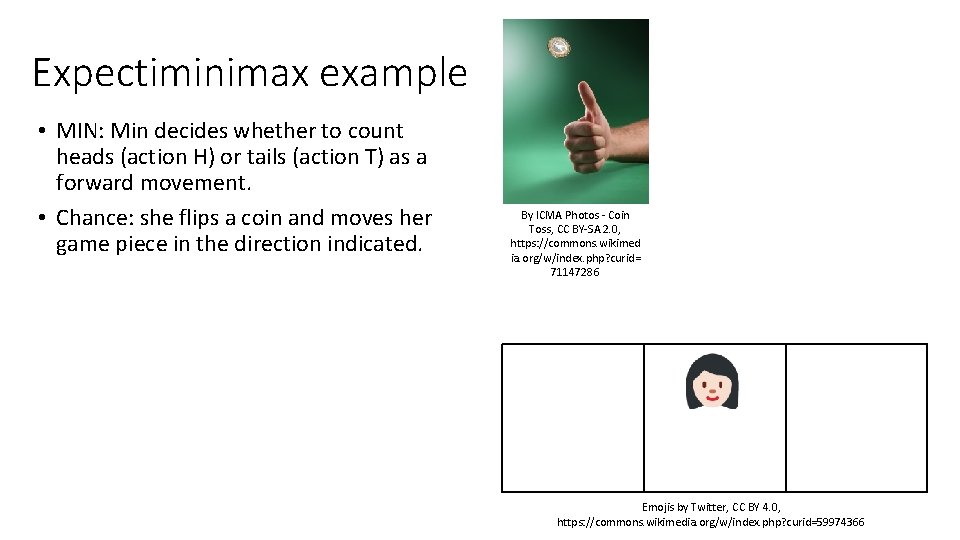 Expectiminimax example • MIN: Min decides whether to count heads (action H) or tails