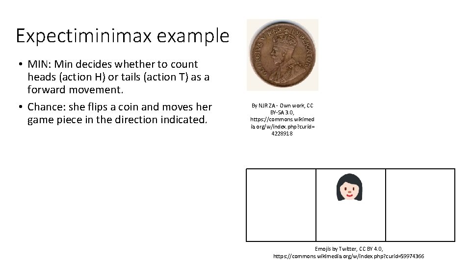 Expectiminimax example • MIN: Min decides whether to count heads (action H) or tails