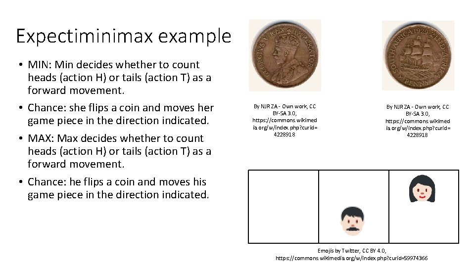 Expectiminimax example • MIN: Min decides whether to count heads (action H) or tails