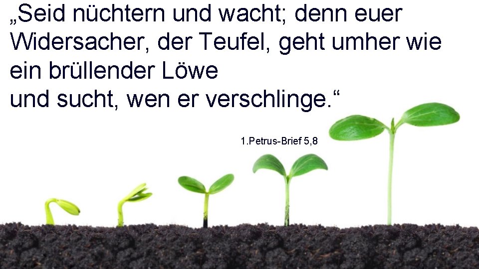 „Seid nüchtern und wacht; denn euer Widersacher, der Teufel, geht umher wie ein brüllender