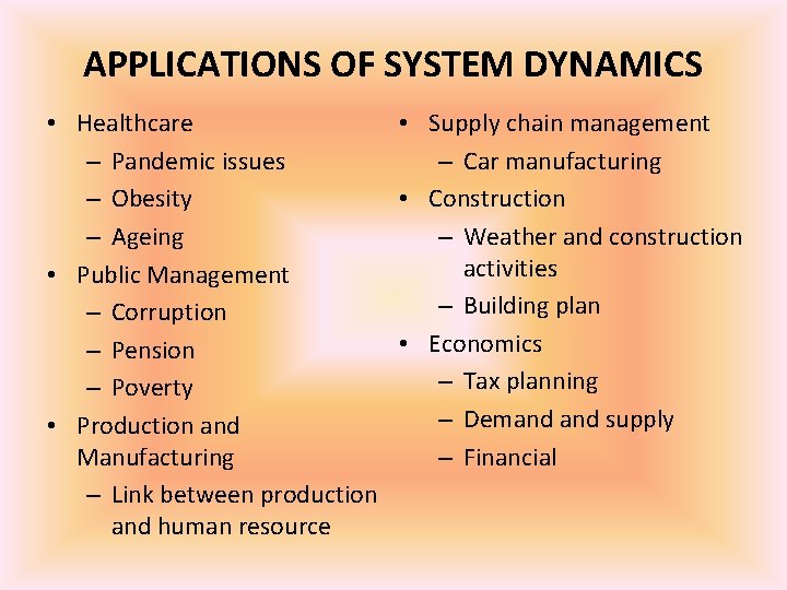 APPLICATIONS OF SYSTEM DYNAMICS • Supply chain management • Healthcare – Car manufacturing –