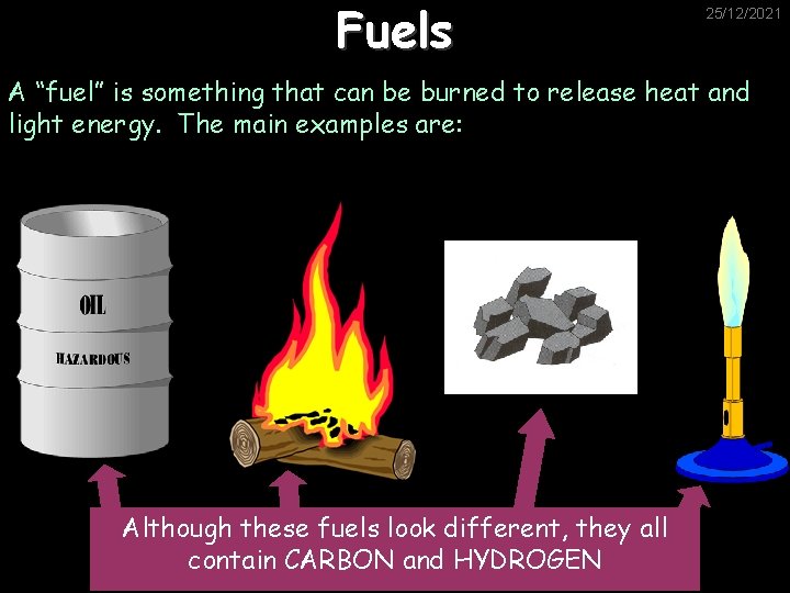 Fuels 25/12/2021 A “fuel” is something that can be burned to release heat and