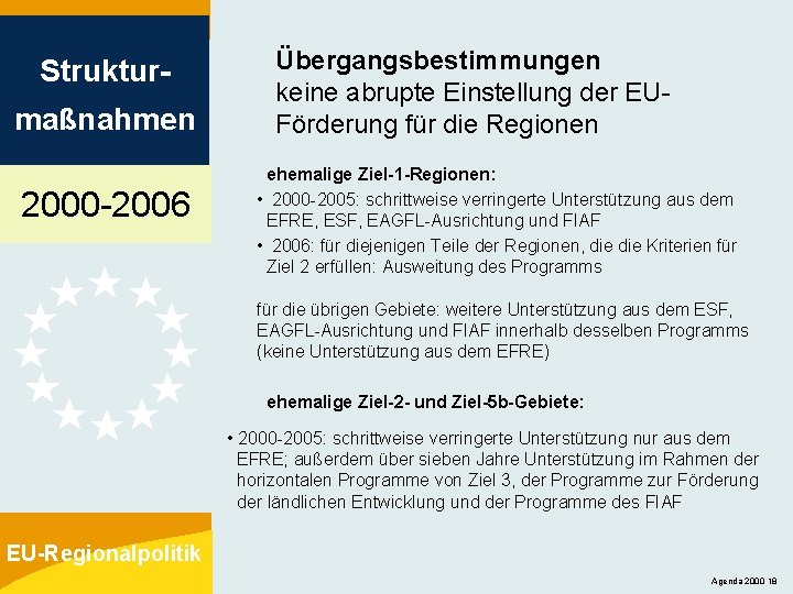 Strukturmaßnahmen 2000 -2006 Übergangsbestimmungen keine abrupte Einstellung der EUFörderung für die Regionen ehemalige Ziel-1