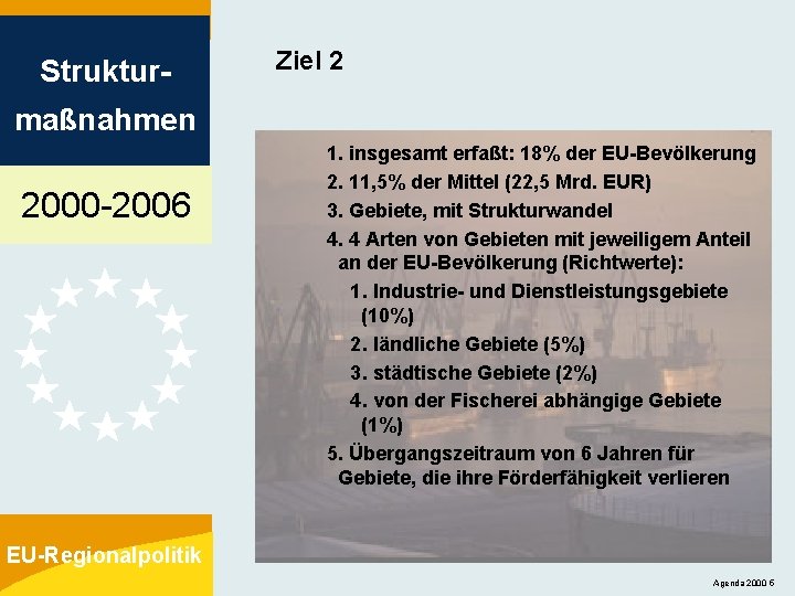 Struktur- Ziel 2 maßnahmen 2000 -2006 1. insgesamt erfaßt: 18% der EU-Bevölkerung 2. 11,