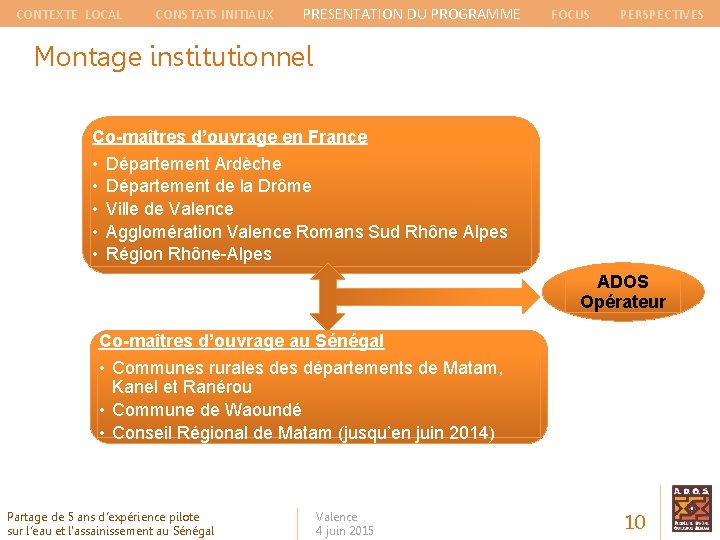 CONTEXTE LOCAL CONSTATS INITIAUX PRESENTATION DU PROGRAMME FOCUS PERSPECTIVES Montage institutionnel Co-maîtres d’ouvrage en