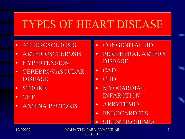 TYPES OF HEART DISEASE • • ATHEROSCLROSIS ARTERIOSCLEROSIS HYPERTENSION CEREBROVASCULAR DISEASE • STROKE •