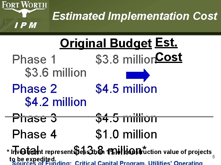 IPM Estimated Implementation Cost Original Budget Est. Phase 1 $3. 8 million. Cost $3.