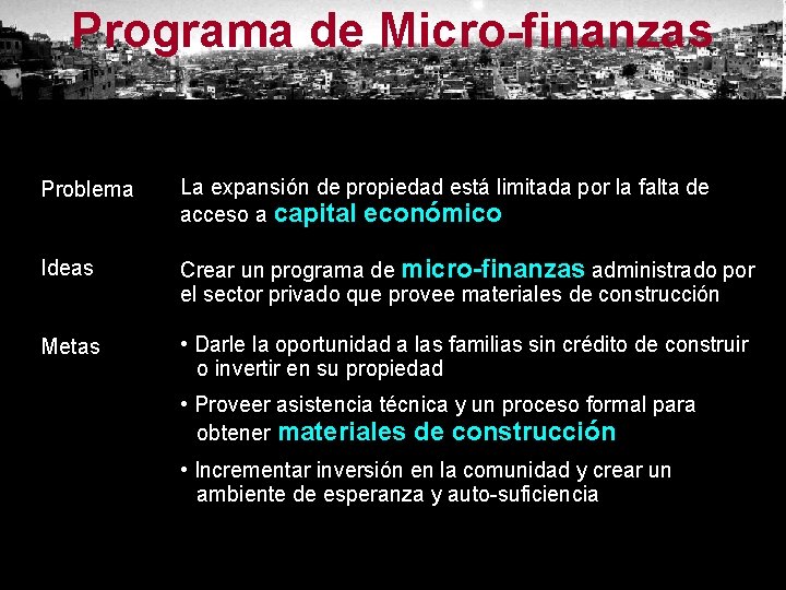 Programa de Micro-finanzas Problema La expansión de propiedad está limitada por la falta de